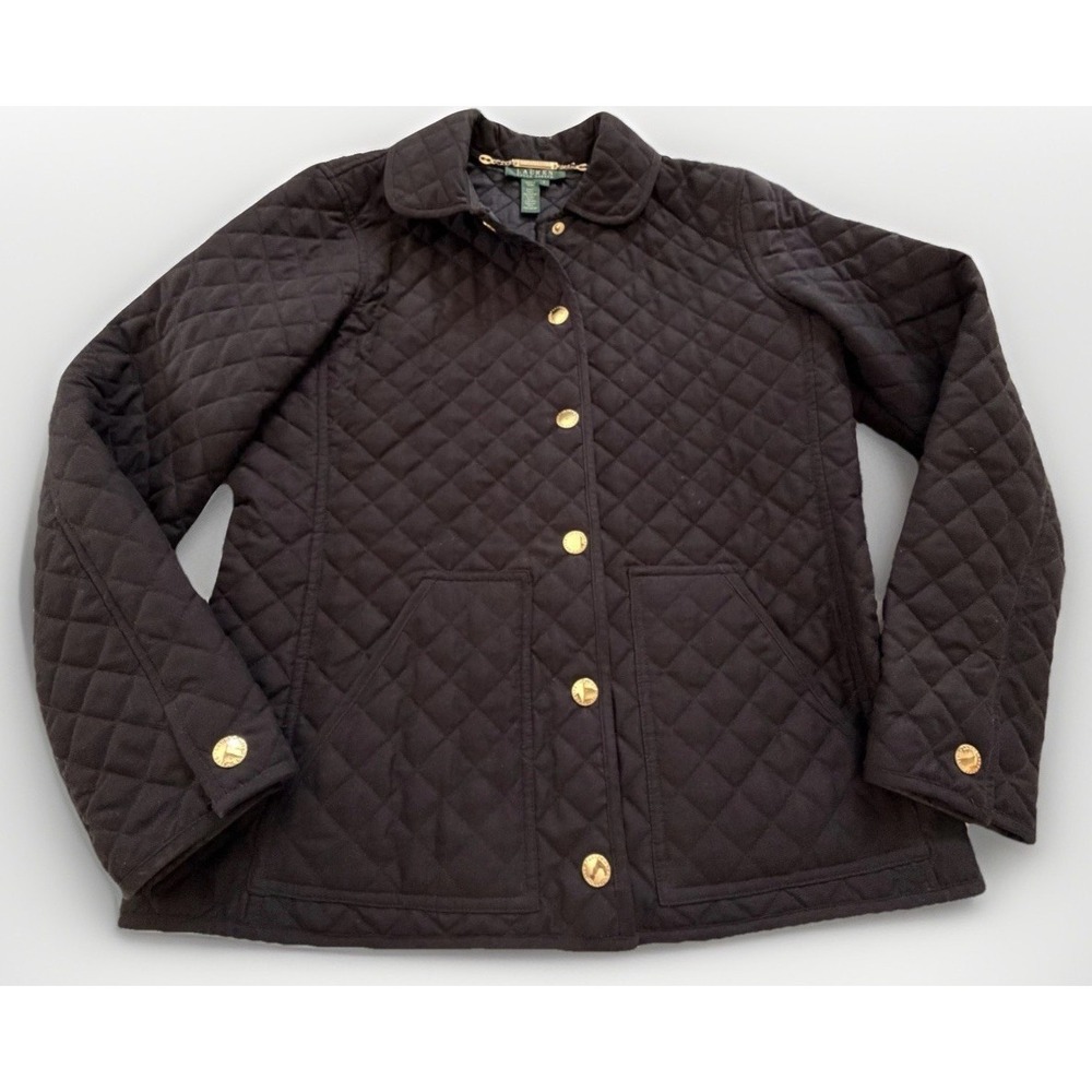 Ralph Lauren VTG Jacket Coat Black Quilted Womens Small Academia Equestrian Prep